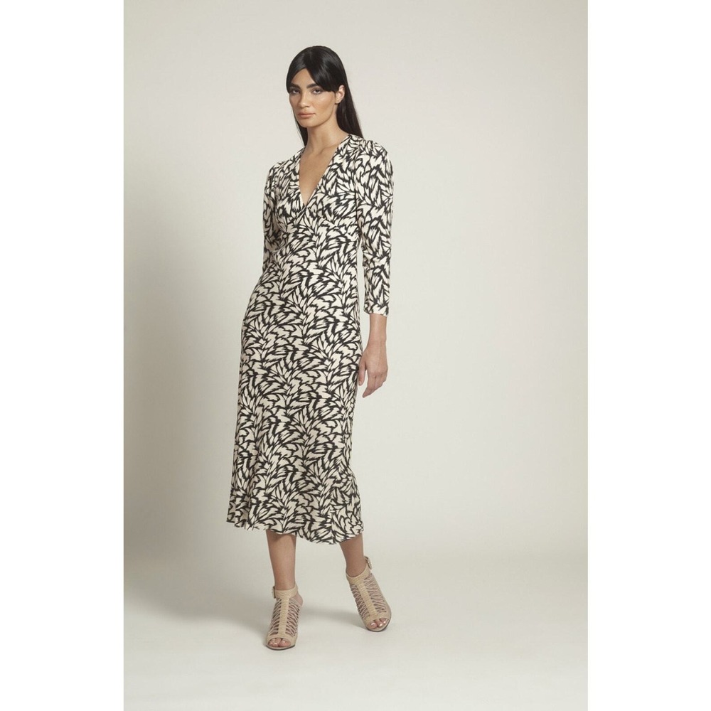 NEW Fresha London Women M Midi Dress Abstract Print Open Back V-Neck Luxury Chic